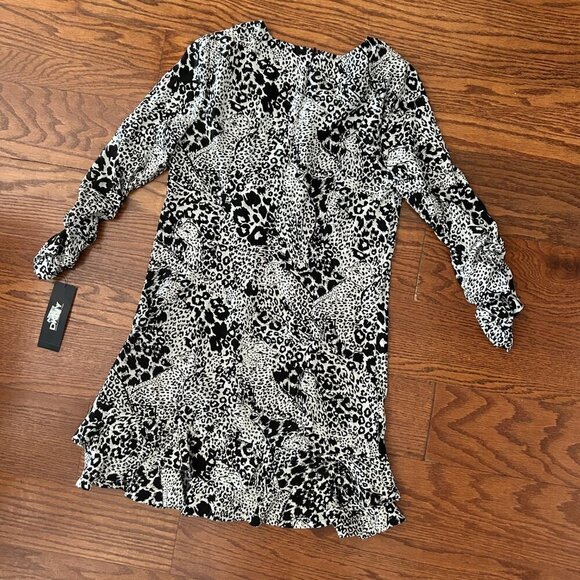 NWT DKNY Black White Leopard Print Silk Blend Ruffled Tiered Mini Dress Size 4 - Picture 13 of 16